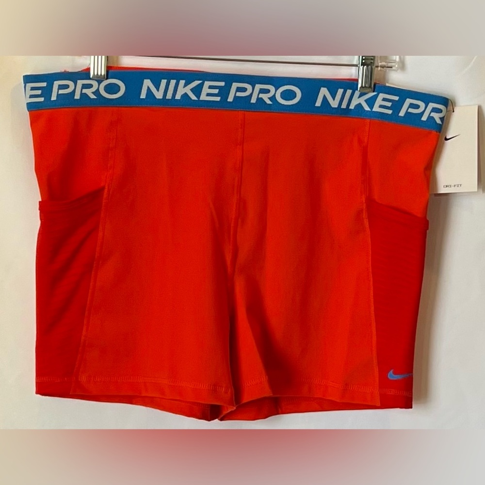 NWT - Nike Women's Pro‎ 3” Shorts - RedOrange with Blue band - Size XXL